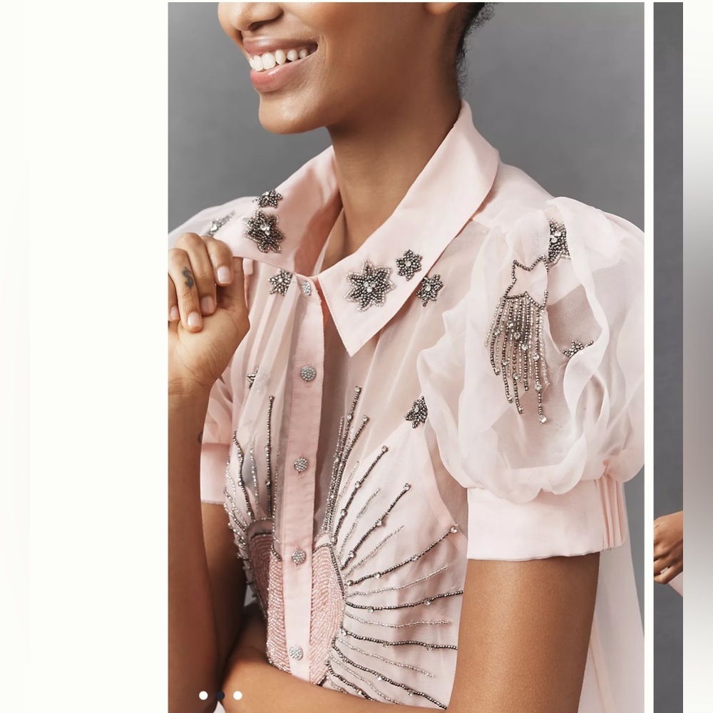 Maeve Short Sleeve Embellished Heart Embroidered Beaded Mini Shirt Dress S - Picture 2 of 9